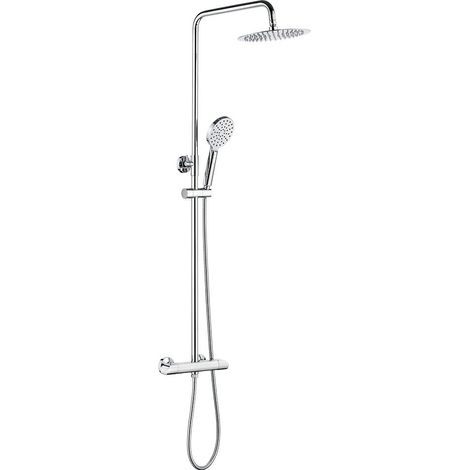 Colonne Mitigeur Thermostatique, Flexible, Douche de Tête, Douchette, Support, Chromé, Argent (1/5)