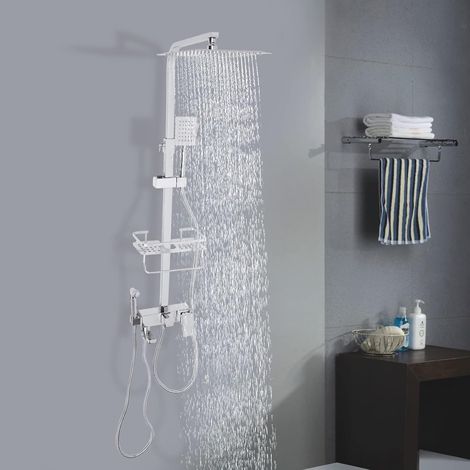 Duschsystem Duschpaneel Regendusche Set Regendusche mit 360°Drehung einstellbare Montagelochabstand (5.12-6.69inch) Mit einer Trennwand für Seife (silber)