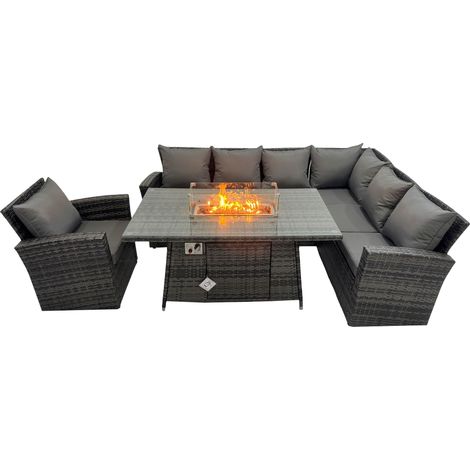 Fimous Hoher Rücken Rattan Ecksofa Set Gartenmöbel Sofa Gas Feuertisch Gasheizung Sessel 7 Sitzer