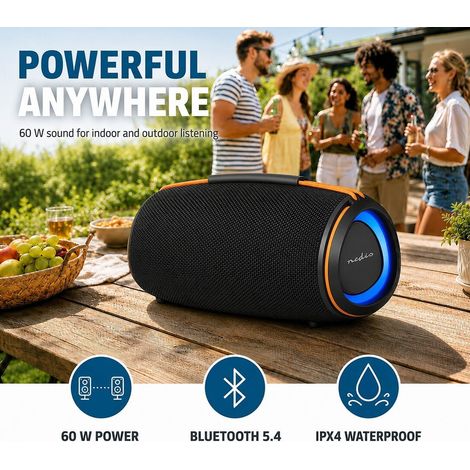 Nedis Bluetooth®-Lautsprecher / 360 min / Handgerät / 60 W / Stereo / Aussenbereich / Startseite / Tragbar / Verknüpfbar / Orange / Schwarz