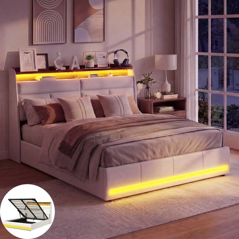 Lit 140 x 200 avec sommier,lit 140,Lit 140x200,cadre de lit,Lit double 140x200,rembourré,rangement,moderne,LED tête/pied,PU,Blanc