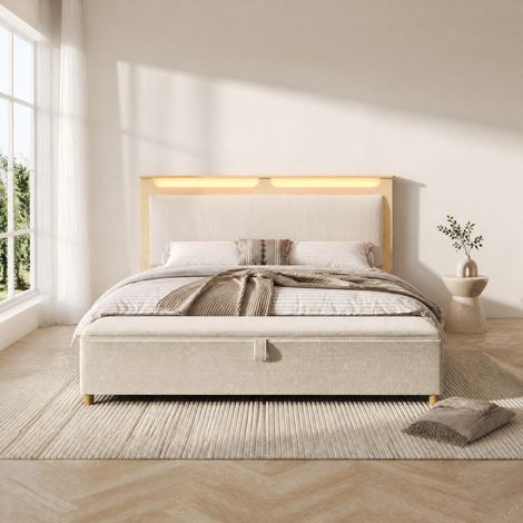 Lit coffre 140x200 LED avec banc, cord beige HAVRYA (1/5)