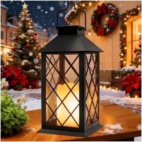 Yowin Lanterne Solaire Exterieur Grande Lampe Solaire Jardin avec Bougie, Verre Trempé, Lampe de Table Étanche Suspension Lampe, Solaire Exterieur a Poser pour Balcon Jardin Terrasse Deco - Noir (1/5)