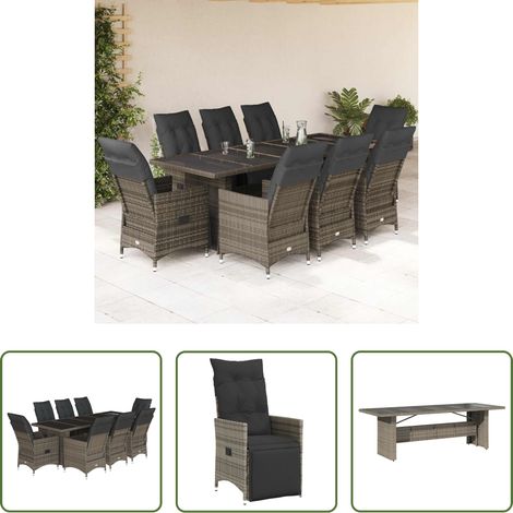 Relaxsessel - 9-tlg. Garten-Bistro-Set mit Kissen Grau Poly Rattan (1/5)