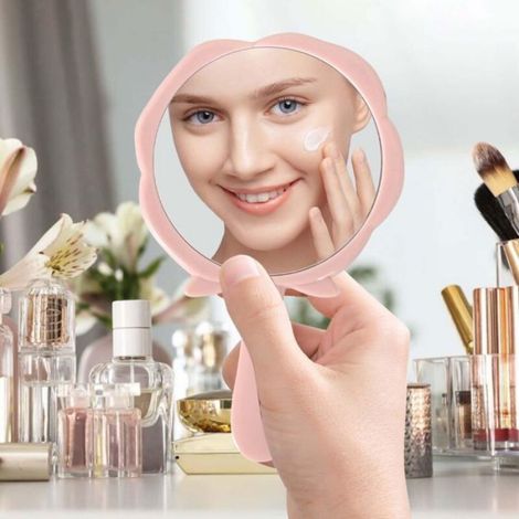 Miroir de poche rose - Portable avec une poignée, idéal pour le maquillage, à la maison et en voyage. (1/5)