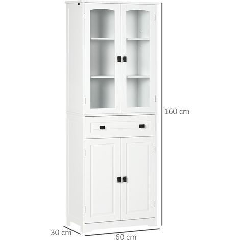 Buffet haut de cuisine avec deux placards et tiroirs, portes vitrées et étagères réglables, 60 x 30 x 160 cm, blanc (1/5)