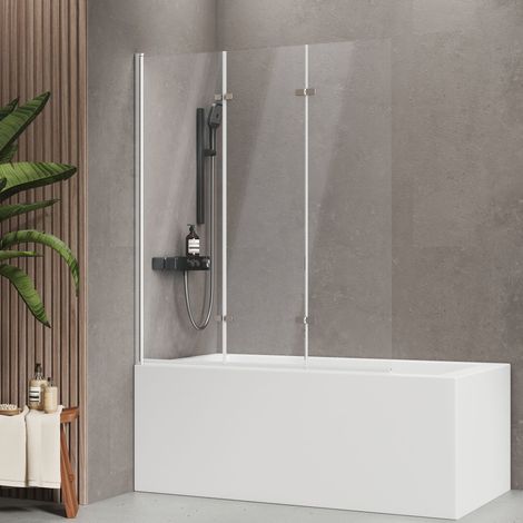 EMKE Badewannenfaltwand 140x120 cm Chrom, 3-teilig, Duschwand für badewanne 6mm ESG Sicherheitsglas mit Nano-Beschichtung