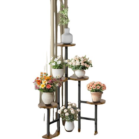 Soporte para plantas, diseño escalonado, construcción de metal y MDF, negro y marrón. (1/2)