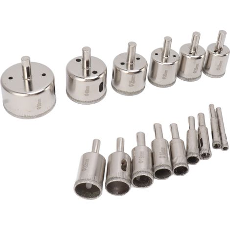 Kit de 15 forets diamantés pour la découpe du verre, du carrelage, de la céramique, du marbre et de la porcelaine (6-8-10-12-14-16-18-20-22-25-28-30-35-40-50 mm). (1/5)