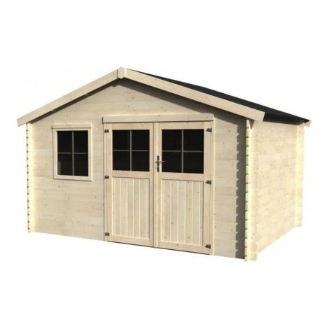 Décor Et Jardin – Abri de jardin bois 398x248 cm – Surface utile 8,28 m² – Épaisseur madriers 28 mm – Double porte vitrée avec serrure – Toiture en feutre bitumeux (1/5)