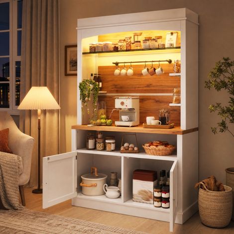 Buffet haut 107x34x184 cm en MDF et métal blanc, avec rangement pour cuisine, FloraGrace (1/5)