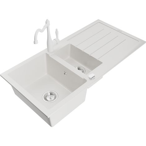 Mexen Andres 1,5-Becken-Granitspüle mit Abtropffläche und Mischbatterie Carla, Weiß - 6515-20-670700-20 (1/5)