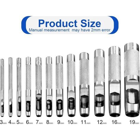 Optimisé Emporte Piece Cuir, Lot de 12 Emporte-Pièces en Acier pour Papier, 3 à 19 mm, pour Bracelet de Montre, Joint, Ceinture, Chaussures, Tissu, Toile avec Mallette de Rangement (1/5)