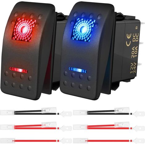 2 Stück DC 20A/12V 10A/24V SPST LED-beleuchtete Wippschalter, wasserdicht, 5-polig, Ein/Aus, mit Jumperkabeln, für UTVs, Autos, LKWs, Wohnmobile, Boote, Motorräder, Fahrzeuge, Rot/Blau