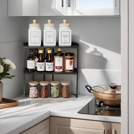 Stackable Metal Storage Shelf, Kitchen Corner Shelf with Non-Slip Mat, Cupboard Organizers, for Kitchen Cupboard/Bathroom/Countertops/Utensils (2, Black) (1/5)