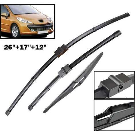 KLVGTIFS PULot de 3 Balais d'essuie-glace avant + arrière pour Peugeot 207 Hayon 2006 2007 2008 2009 2010 2011 2012 2013 2014 2015