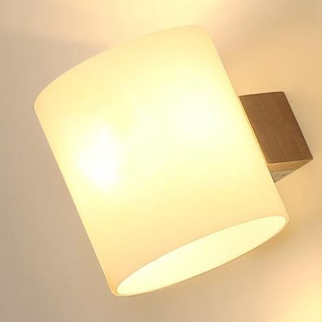 Applique Murale Intérieure Bois E27, Lampe Murale Design Minimaliste 3000K-6500K, Abat-jour en Verre Design Éclairage Mural pour Chambre Couloir Escalier Salon (avec 1 Ampoule Tricolore 12W) (1/5)