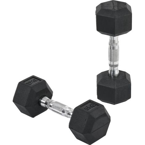 Set di 2 Manubri da Palestra Esagonali da 5kg in Gomma con Impugnatura Antiscivolo Nero (1/5)