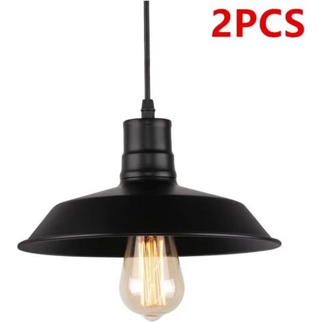 2PCS Rétro Lampe Plafonnier Industrielle E27 Lustre Luminaire Métal Noir (1/4)