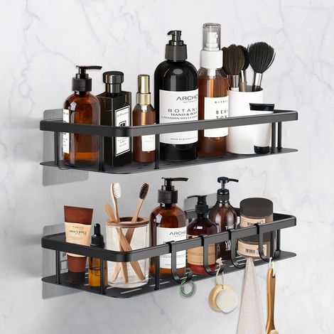SHINING HOUSE 2er-Set Duschregal ohne Bohren, Badezimmer-Wandregal aus Aluminium mit 4 Haken, selbstklebende Duschhalterung, Aufbewahrungskörbe für die Duschküche (1/5)