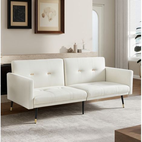 Sofá cama 2 plazas de terciopelo beige, respaldo ajustable en 5 posiciones, convertible para salón y dormitorio (1/5)