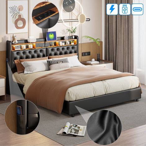 Lit coffre 180x200 cm,lit 180x200 avec sommier,ports USB,Multiprise et LED,Tête Rangement,Lit double Rembourré,cadre de lit,PU,Noir (1/5)