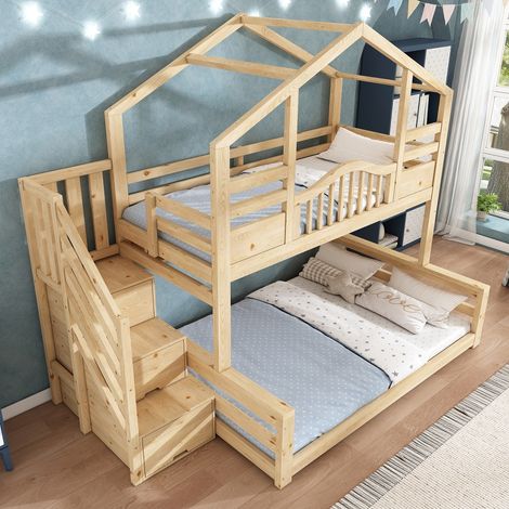 Etagenbett Kinder Hausbett mit Treppenschrank und Stauraum, 90x200 oben & 140x200 cm unten, Kiefer Massivholz Natur, sicherer Aufstieg (1/5)