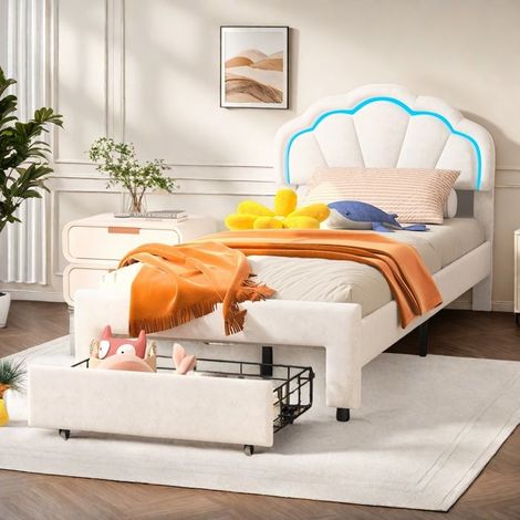 Lit simple 90x200 cm, Lit enfant rembourré 90 x 200 cm avec LED, Lit coffre 90x200 cm avec 1 tiroir, Sommier à lattes inclus, Blanc (1/5)