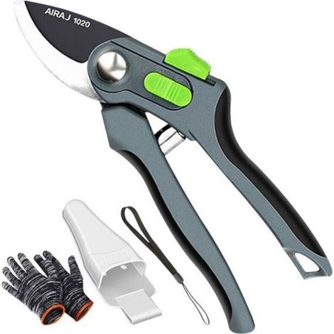 (Silver) Pruning Shears - SK5 Steel - Ergonomic - 2 Opening Levels - Includes: Box and Gloves - Silver (1/5)