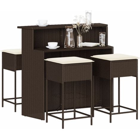 5-tlg. Gartenbar-Set mit Kissen Braun Poly Rattan
