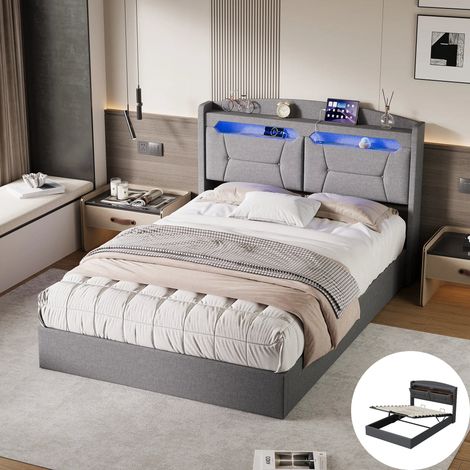 Lit Adulte 140x190 cm, Lit Coffre avec LED et Port USB, lit 140 x 190 avec Rangement Hydraulique, Sommier à Lattes, Lin Gris clair (1/5)