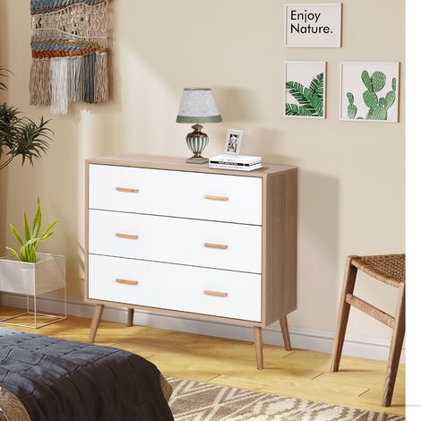 HOMCOM Holzkommode mit 3 Schubladen, moderner Aufbewahrungsschrank mit erhöhten Füßen für Schlaf- und Wohnzimmer, 80 x 39 x 80 cm, Weiß und Natur (1/5)