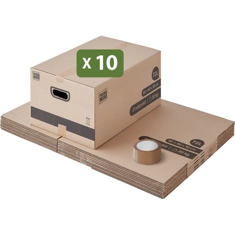 Pack and Move - Lot 10 Cartons Déménagement Stockage M - 60 x 40 x 30 cm - Poignées renforcées - 1 adhésif offert