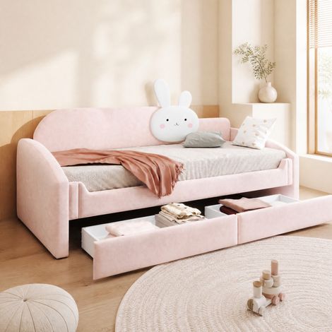 Cama infantil con sofá, 212x97x106.5 cm, respaldo con luz LED, 2 cajones, terciopelo, rosa (1/5)