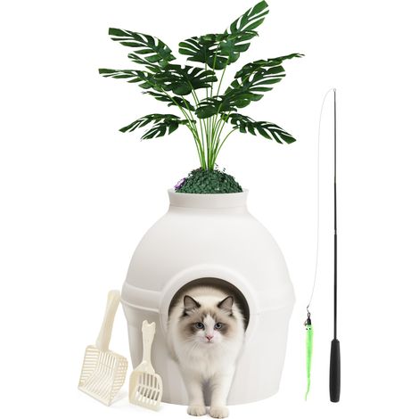 Bac à Litière pour Chat avec Fausse Plante, Toilettes cachées pour Chats avec 2 Pelle, Jouet à Plumes pour Chats, pour Salon Chambre à Coucher Coins (Blanc) (1/5)