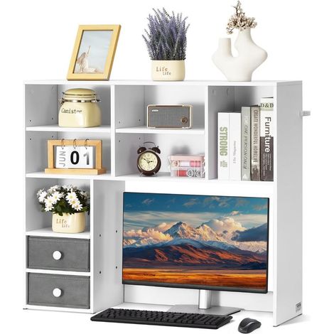 Structure Mélaminée Blanche Étagère à Poser sur Bureau Rangement Livres 3 Niveaux 2 Tiroirs Tissu pour Maison et Dortoir (1/5)