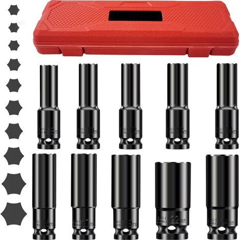 8-24mm Coffret de Douille à Choc Longue, 1/2" Douilles à Choc Profondes, Douille a Choc Hexagonales Métriques, Adaptateurs de Clé, pour Visseuse à Chocs et Changements Pneus (1/5)