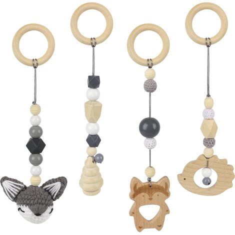 4 Pièces Arche Portique Deveil Eveil Bebe Bois, Jouets Bébés à Partir, Jouet de Poussette, Jouet Nouveau Né en Boiss, Arche D'éveil Bébés en Boiss pour Siège de Bébé Landau (1/5)