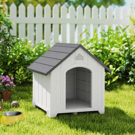 Niche pour chien extérieur, maison chien en polypropylène imperméable ventilé plancher surélevé 66x55x65cm gris clair (1/5)