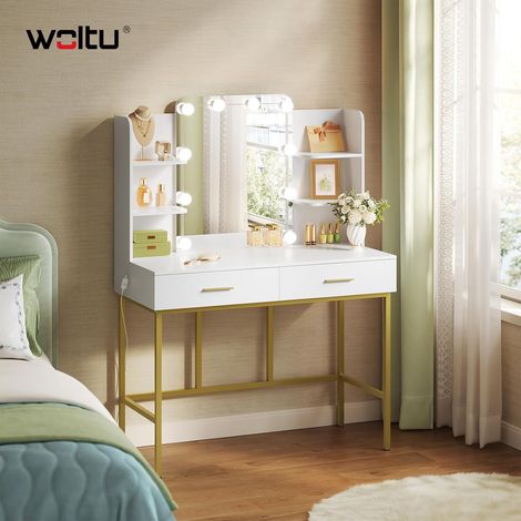 WOLTU dressing table with LED mirror – 2 drawers and shelves – Stable MDF and metal construction – 90x45x136cm – Elegant white and gold finish (1/5)