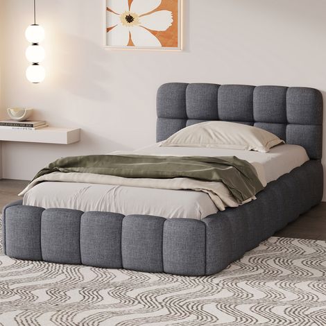 3ft Single Bed Frame Avernest 90x190cm Grey Linen Upholstered Low Platform Bed with Tufted Headboard, Wood Slats 300kg (1/5)