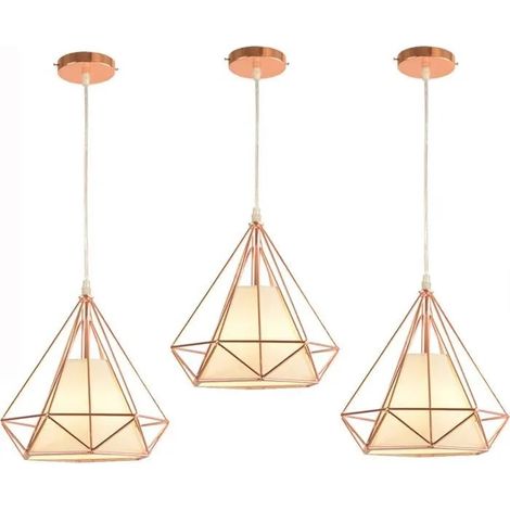U-Do Lustre en Métal Or Rose,LOT DE 3 Suspension Luminaire Ajustable Vintage Lampe forme Diamant Lustre Intérieur Industriel (1/4)