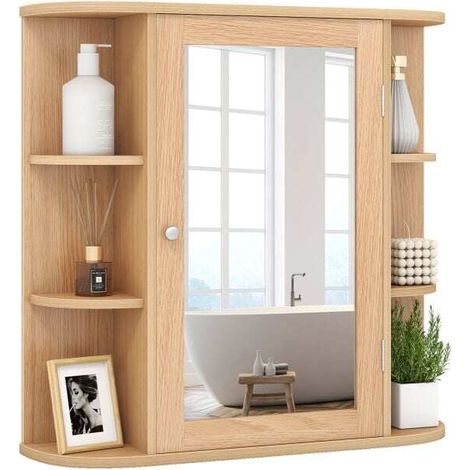 Meuble mural de salle de bain avec 1 porte miroir et 4 étagères, 6 étagères externes en MDF, 66 x 16,5 x 60 cm - naturel (1/5)