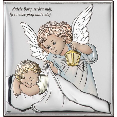 Silberfarbenes Bild: Schutzengel mit Laterne über einem Kind „Engel Gottes…“ DS15C 7 x 7 cm (1/5)