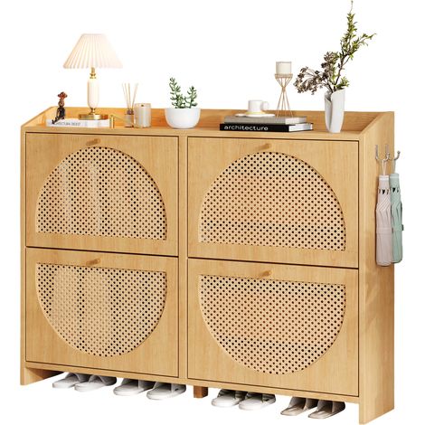 Meuble à chaussures moderne en MDF 120x24x90 cm avec 8 compartiments, 2 crochets et portes en rotin naturel (1/5)