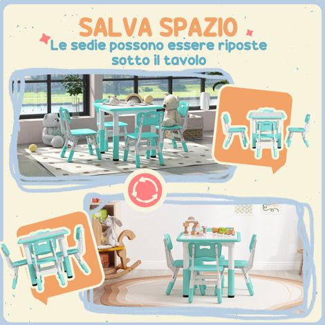 Table enfant 5 pièces avec 4 chaises ajustables 32x36x52,5-56 cm et table 60x60x46-58 cm, couleur verte