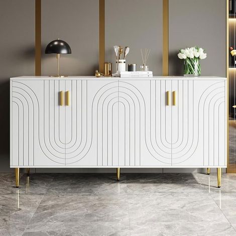 Buffet - Blanc - 152 x 40 x 75 cm - 4 portes - Style scandinave - Meuble de séjour