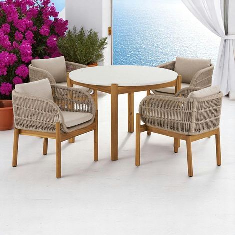 Salon de jardin en bois d'acacia et corde tressée (1 table de jardin ø120 cm et 4 sièges) MENDOZA (1/5)