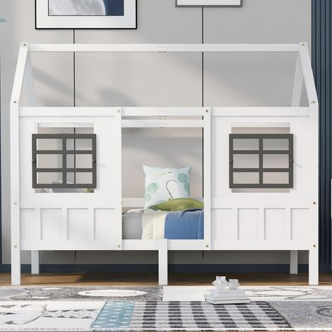 Lit Cabane Enfant 2 Fenêtres - Cadre Pin & MDF - Blanc 200x90 cm - Lit Simple, Lit Repos, Chambre Enfant 200x90 (sans Matelas) (1/5)