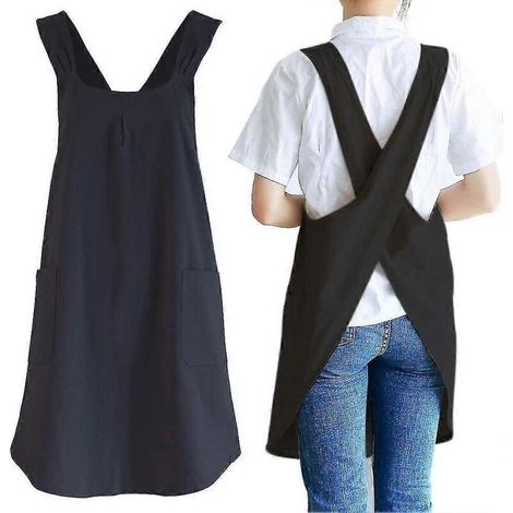Delantal de cocina japonés de lino, con espalda cruzada y bolsillos, para hombre, ideal para hornear, pintar, jardinería y tareas domésticas (negro). (1/4)